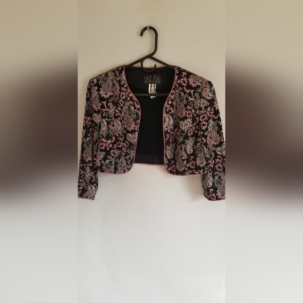 Women's Alex Evenings cropped bolero jacket Sz10P black mauve and sparkles - Picture 9 of 11